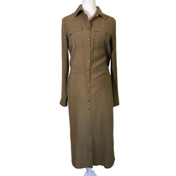 Maeve Anthropologie Dress Size 4 Olive Shirt Collared Pockets Quiet Luxury Minim - Picture 1 of 11